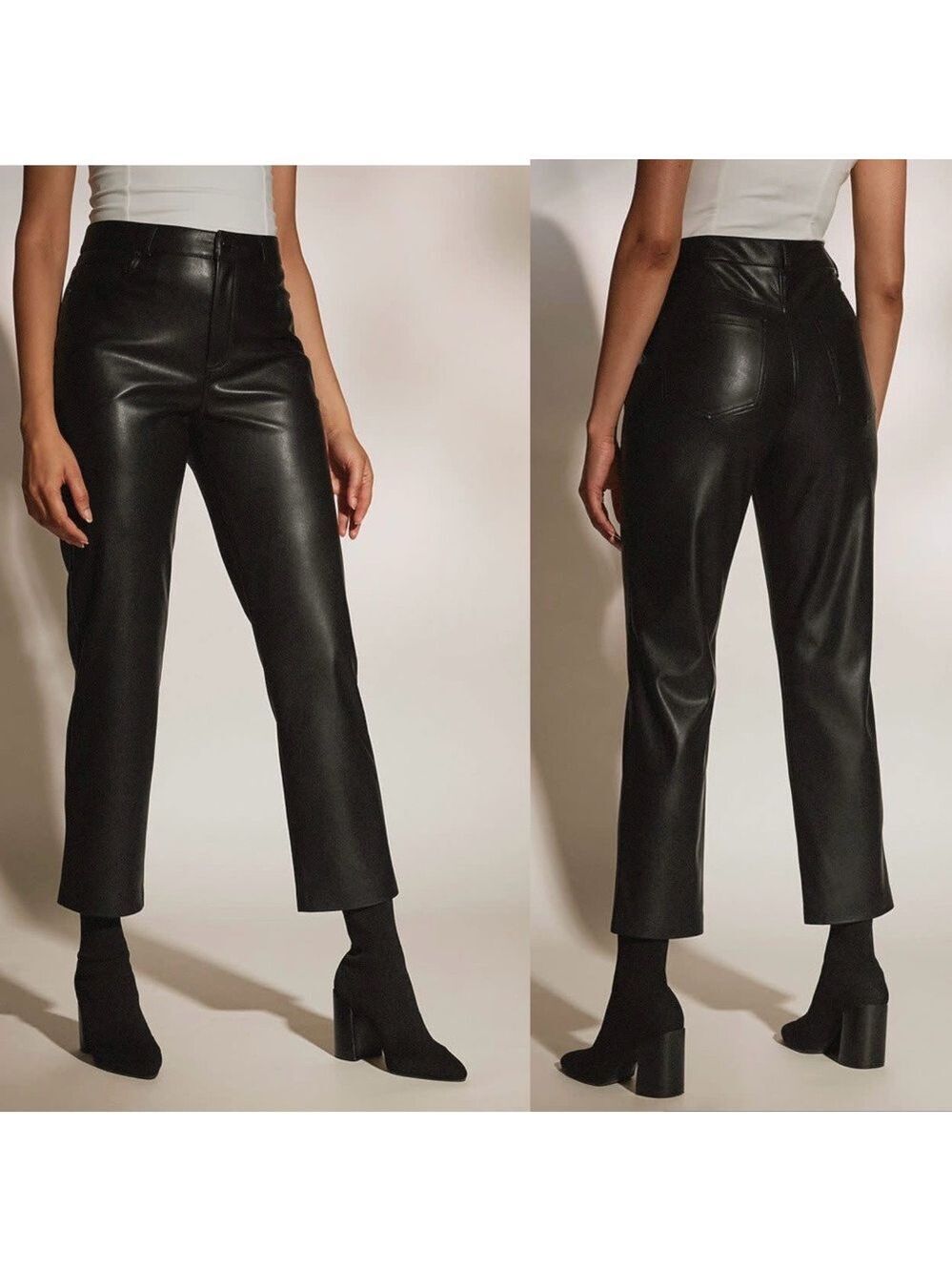 RW&CO black faux leather high rise straight leg cropped length pants Sz 27 vegan